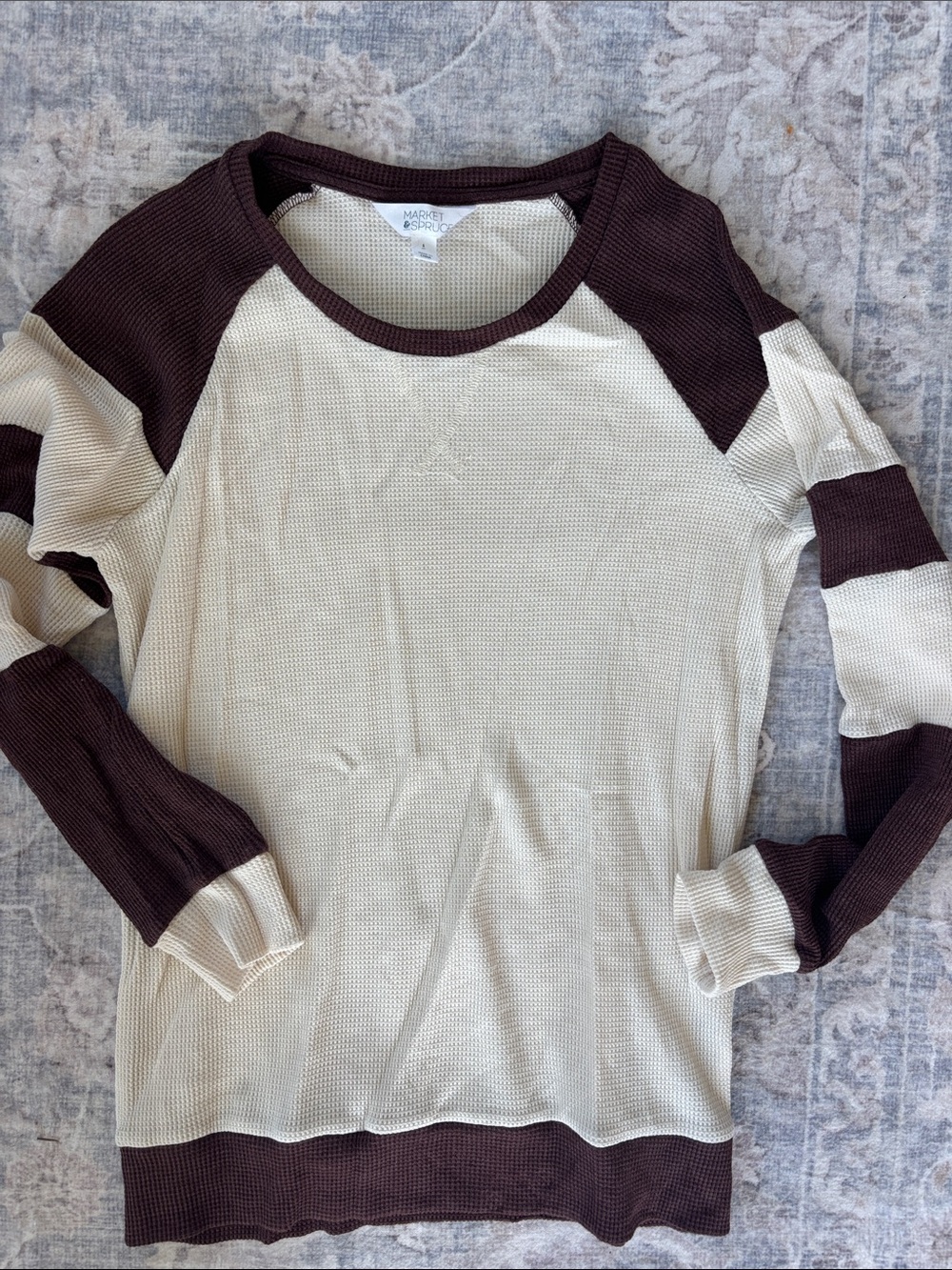 Market & Spruce Cream and Brown Raglan Waffle Knit Long Sleeve Top